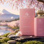 Perfume bottle near cherry blossoms.